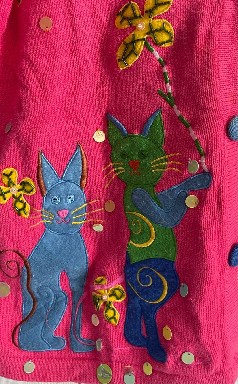 VTG Pink Cat Cardigan Morgan Cole with Embroidered Cats and Florals - Size Sm